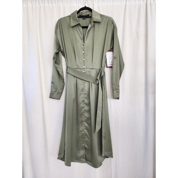French Connection NWT shirt dress olive green button front belted preppy career - Picture 2 of 12